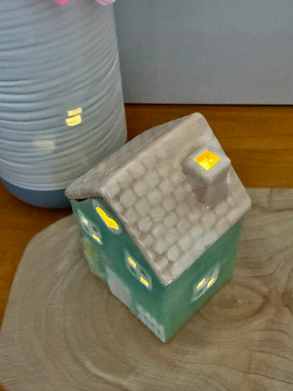 Light up turquoise ceramic Flower House