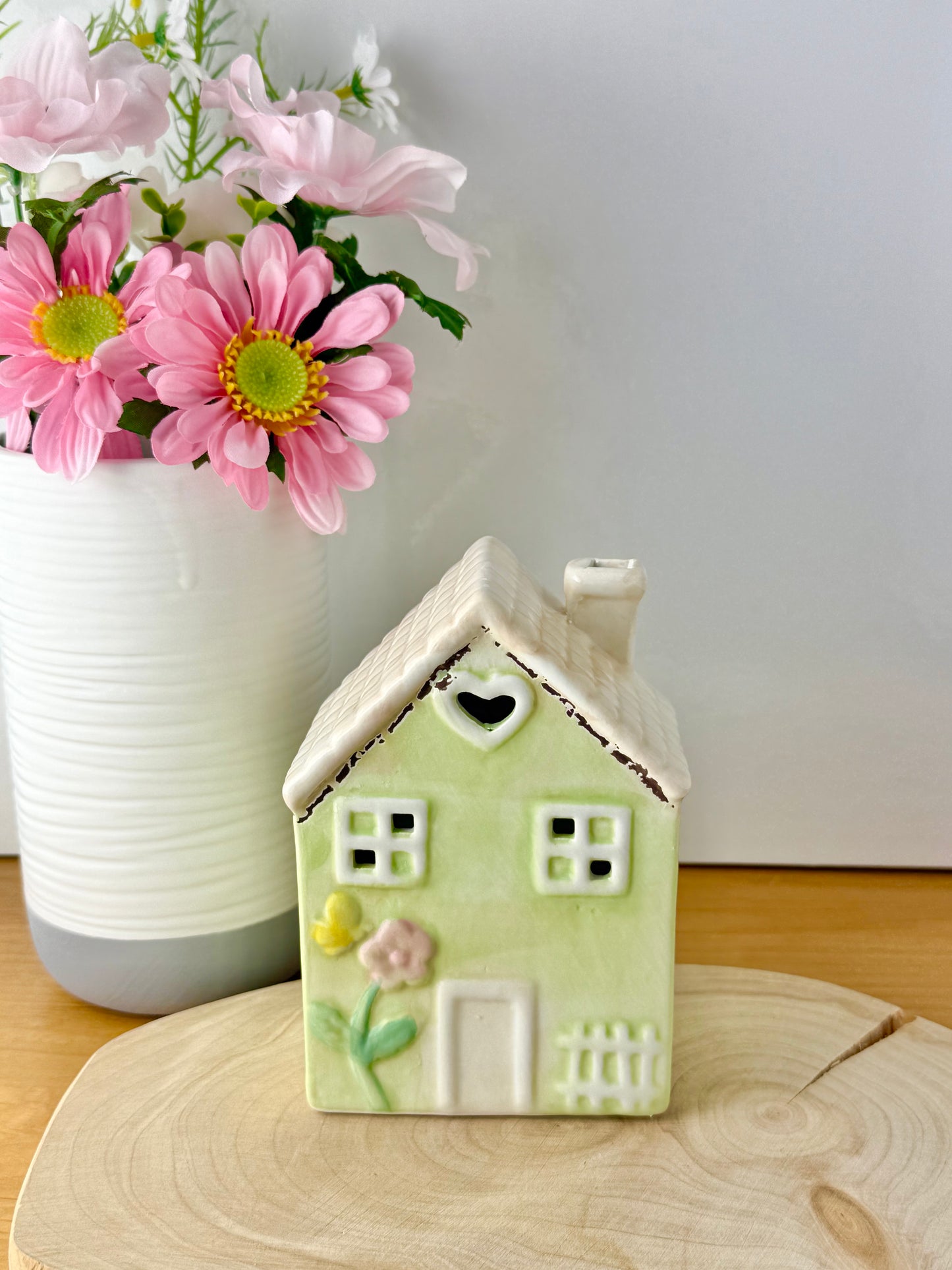 Light up pale green ceramic Flower House