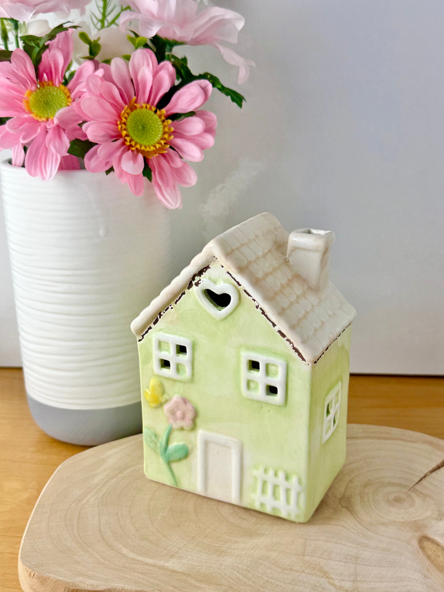 Light up pale green ceramic Flower House