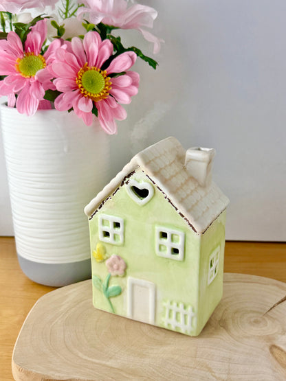 Light up pale green ceramic Flower House