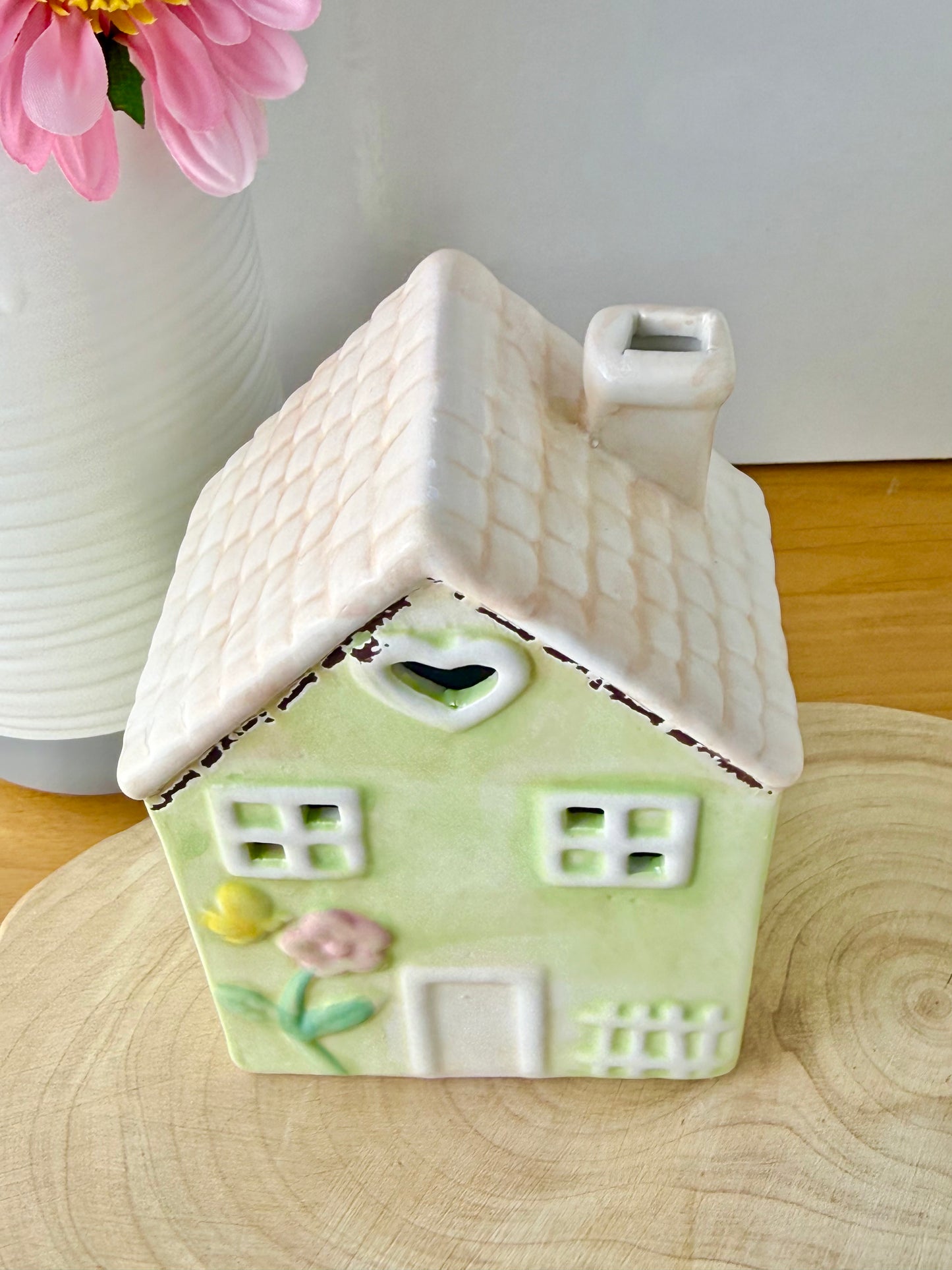 Light up pale green ceramic Flower House