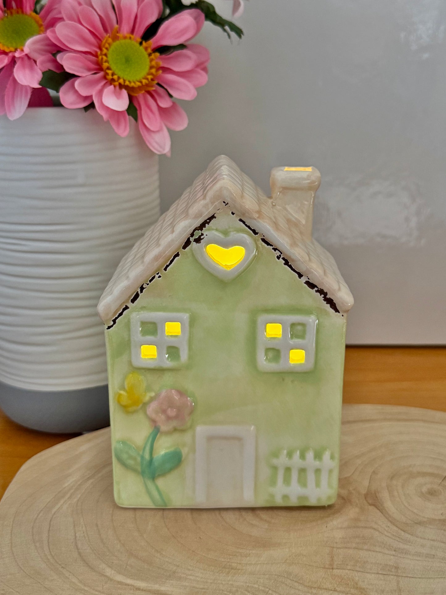 Light up pale green ceramic Flower House