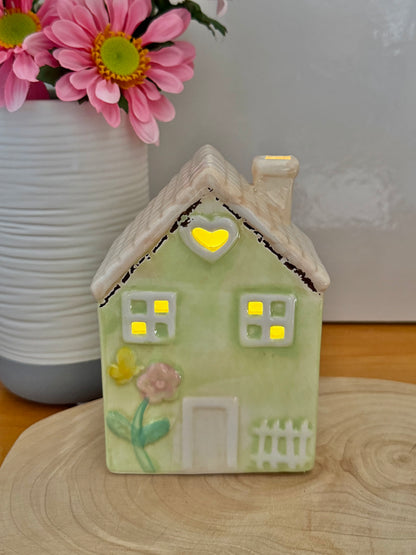Light up pale green ceramic Flower House