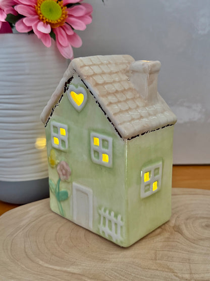 Light up pale green ceramic Flower House