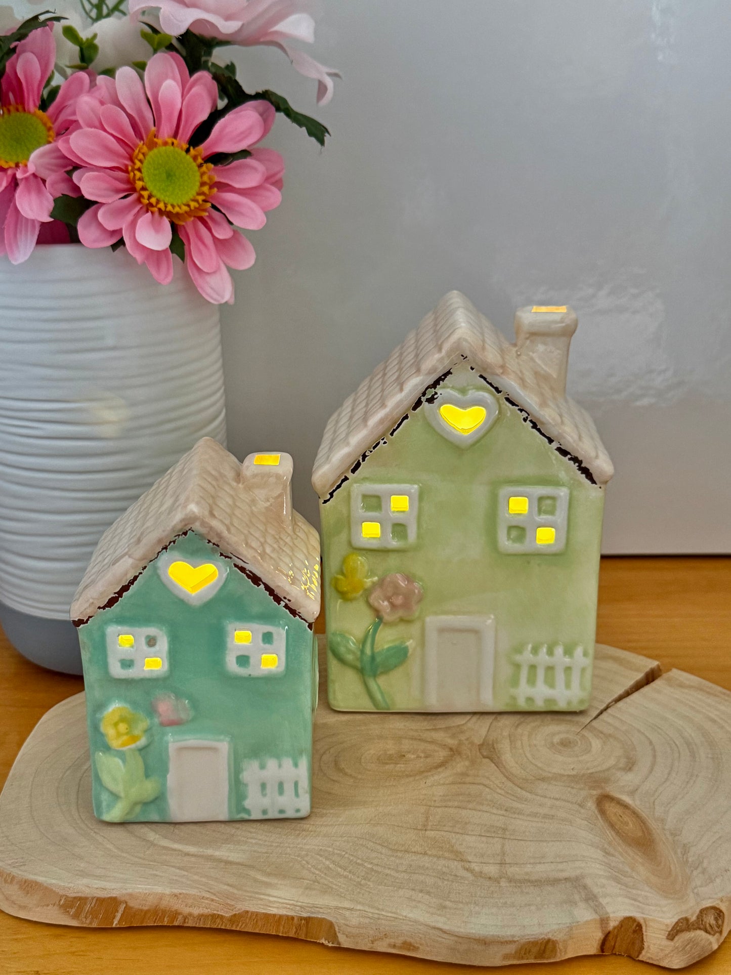Light up pale green ceramic Flower House