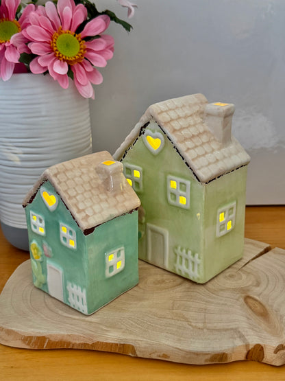 Light up pale green ceramic Flower House