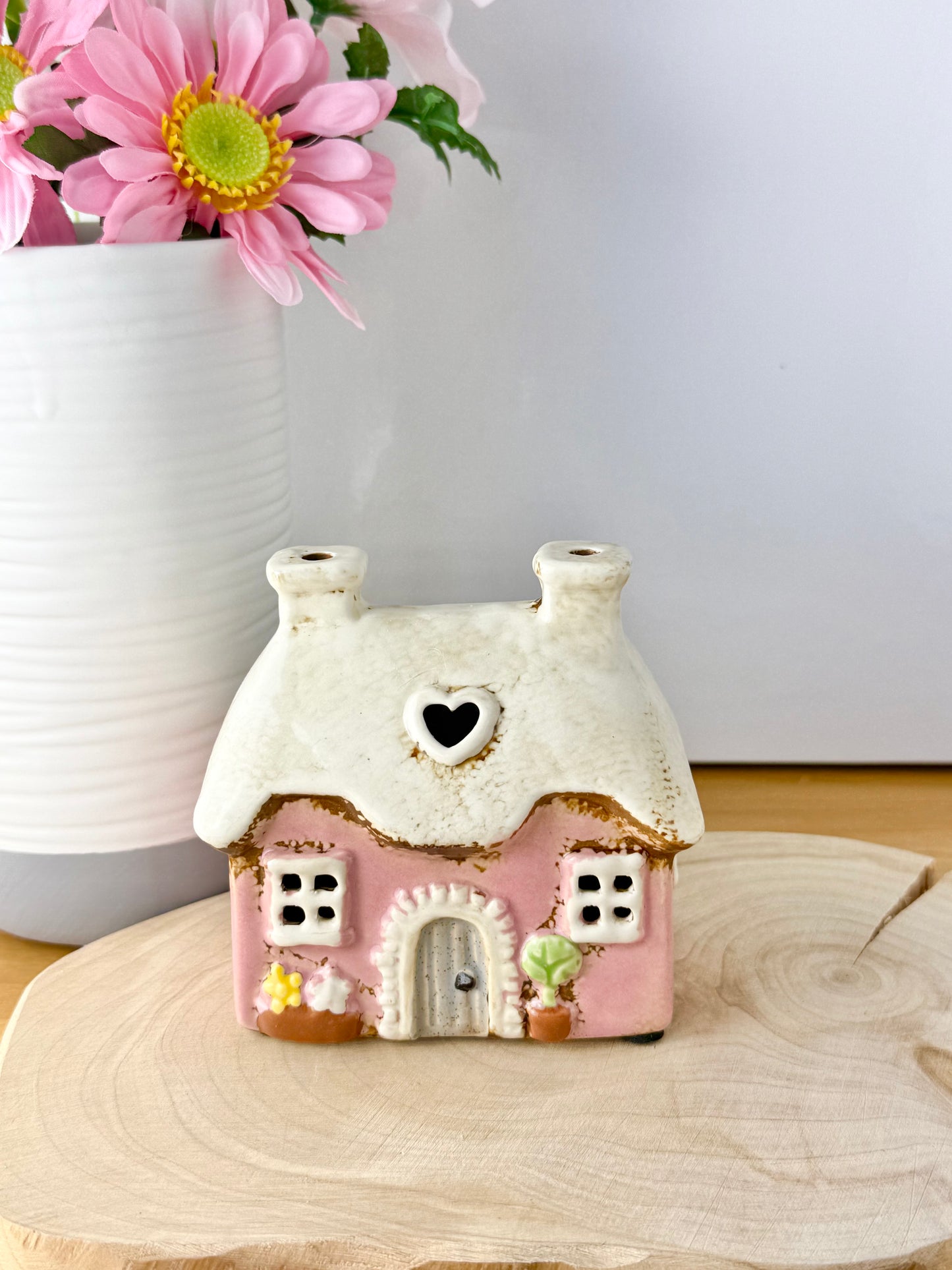 Village Pottery Pink mini heart Cottage Tea Light Holder