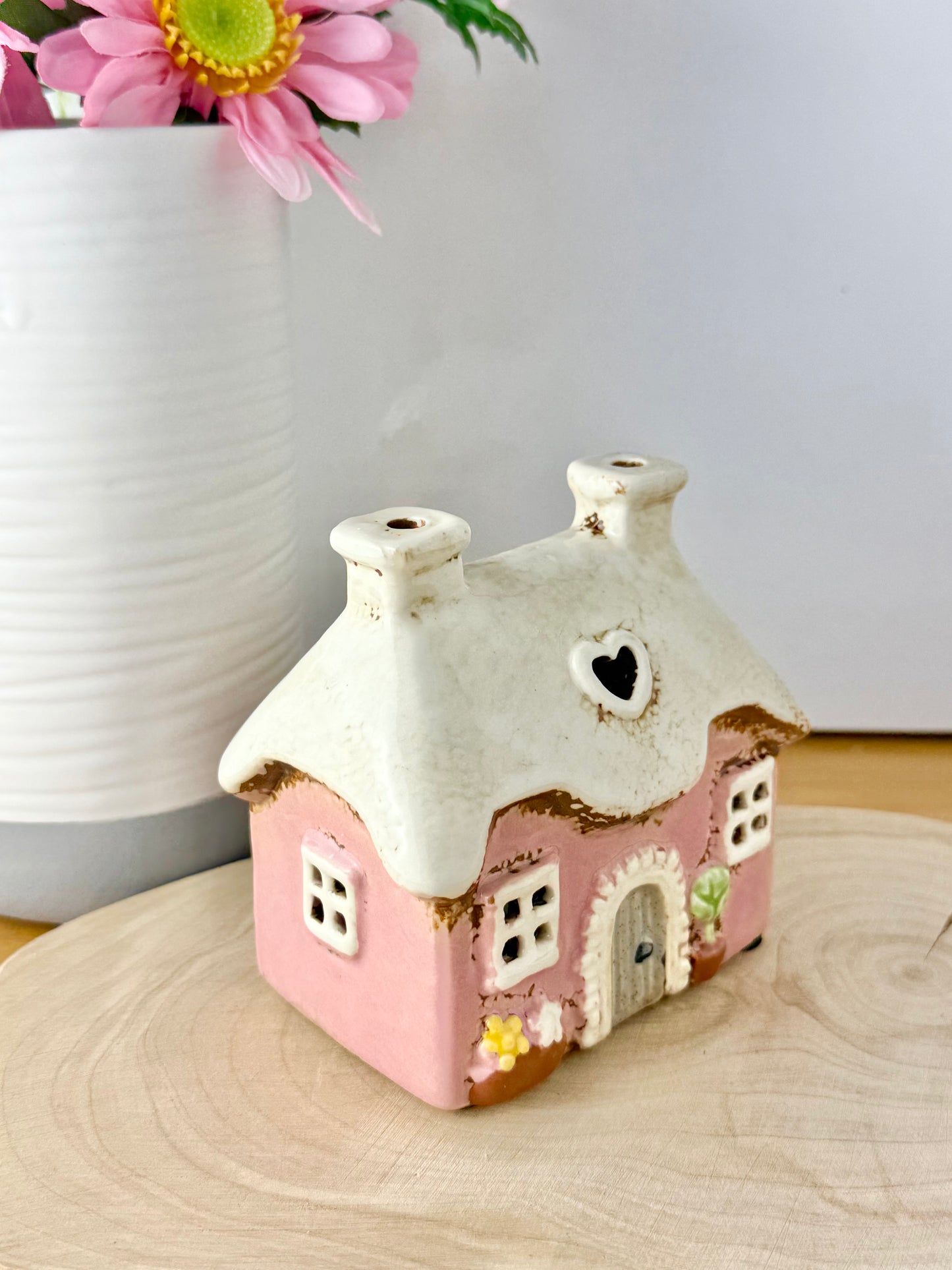 Village Pottery Pink mini heart Cottage Tea Light Holder
