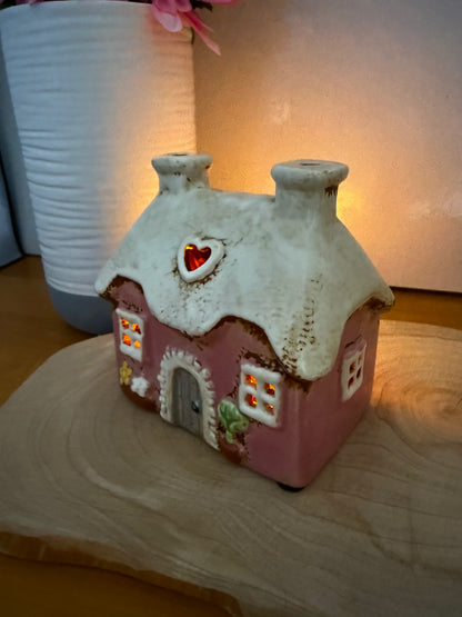 Village Pottery Pink mini heart Cottage Tea Light Holder