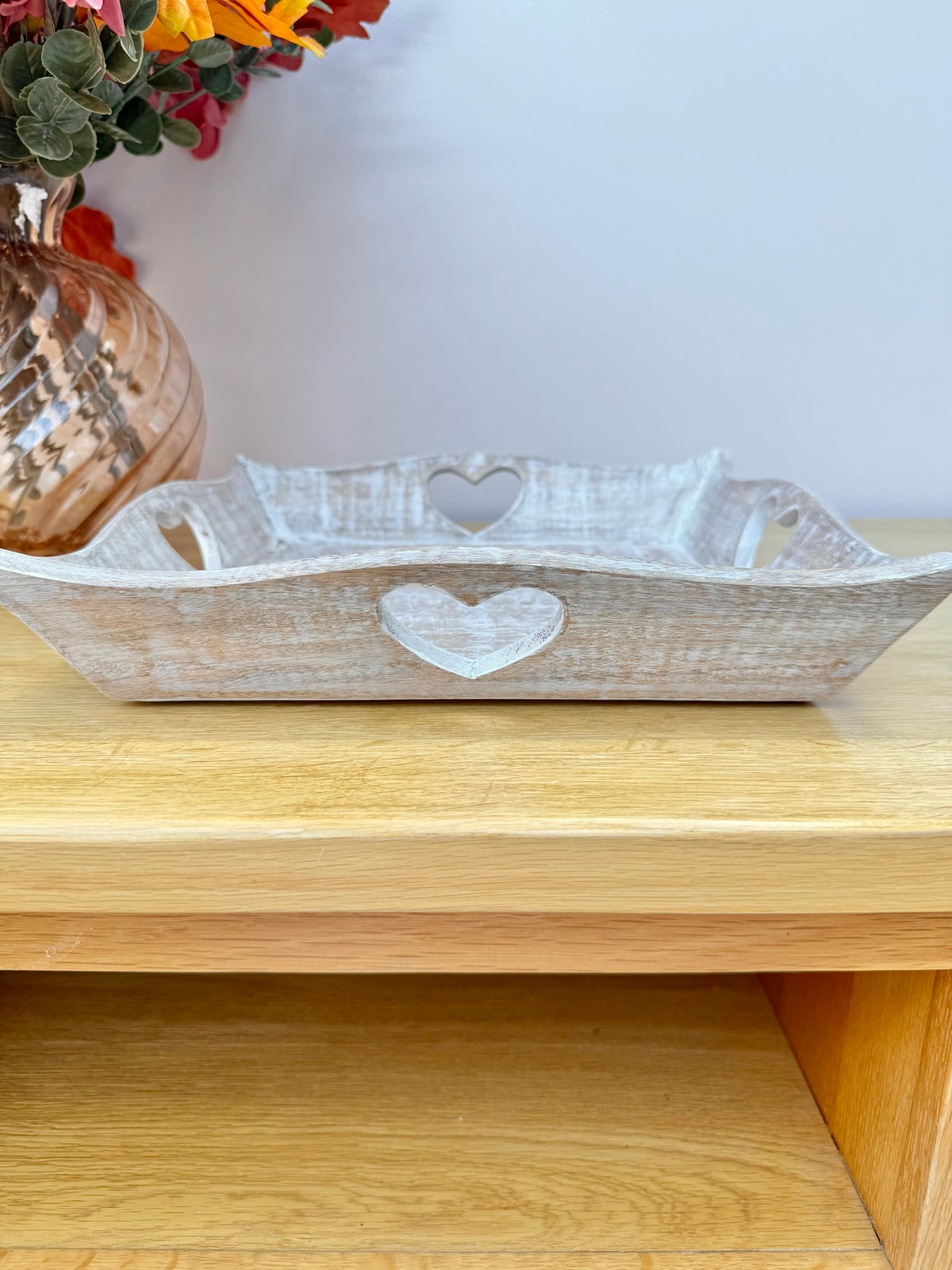 Wooden square tray with heart cutouts