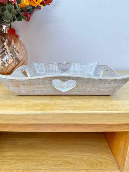 Wooden square tray with heart cutouts