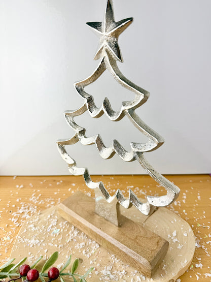 Wooden Base Silver Christmas Tree with Star - 2 Sizes