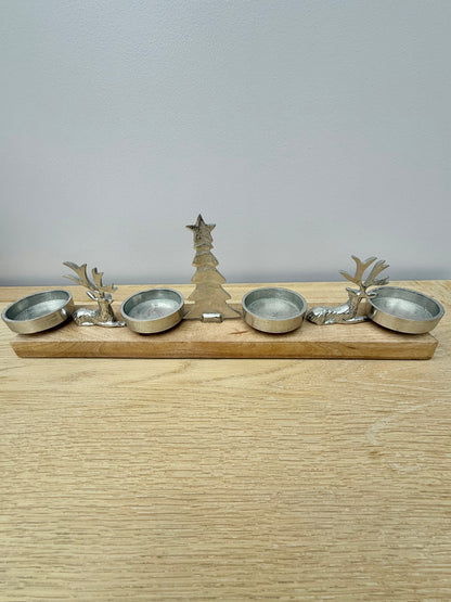 Wooden Silver Reindeer and Christmas Tree T-light holder
