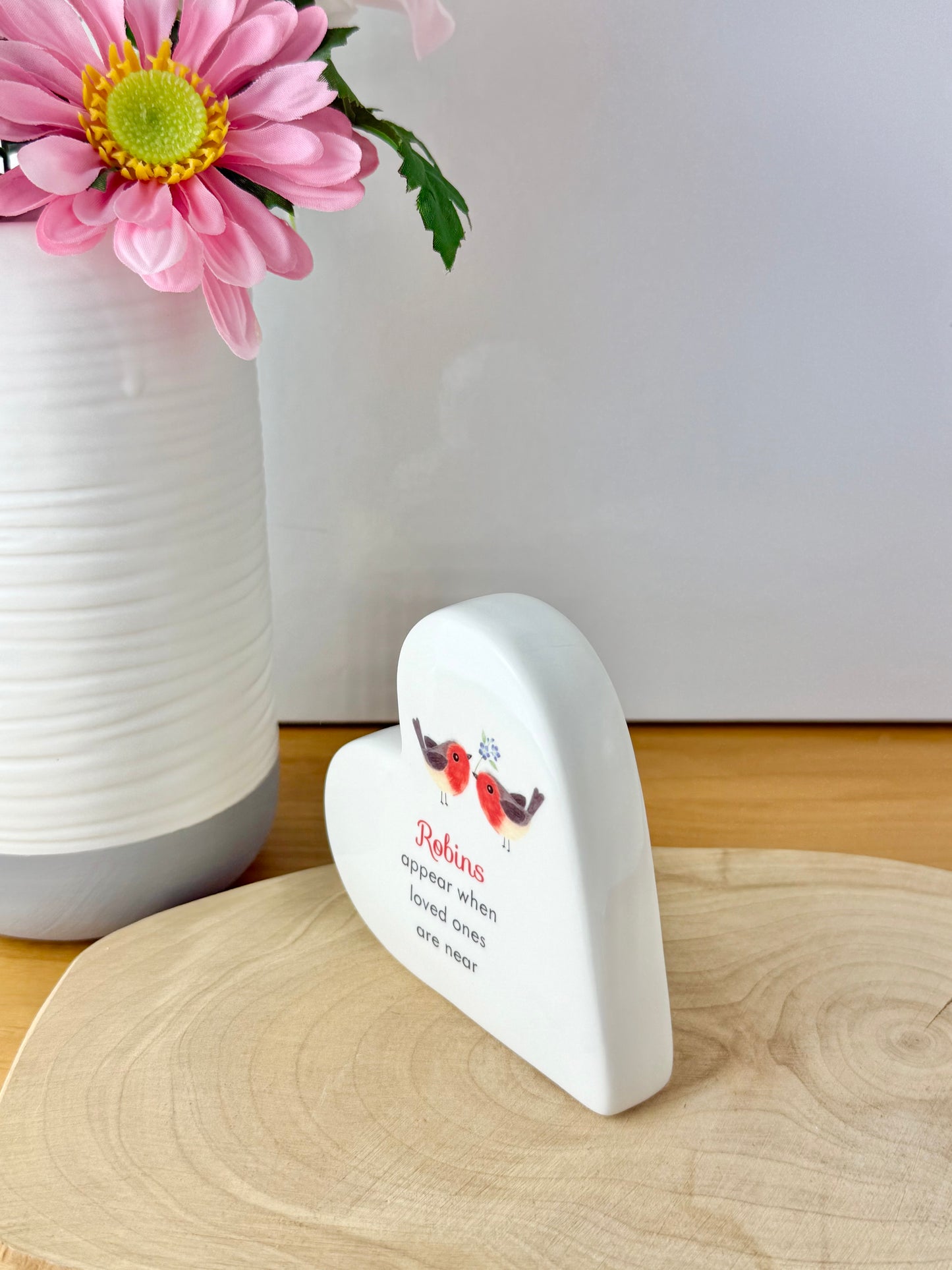 Robin Forget me Not standing ceramic heart