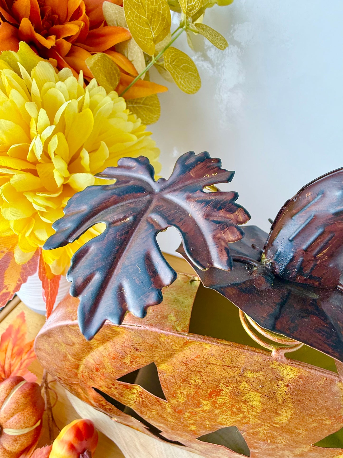 Rustic Orange Metal Pumpkin decoration with decorative stalk