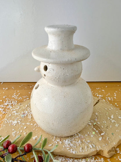 White Stoneware Snowman T-Light Holder