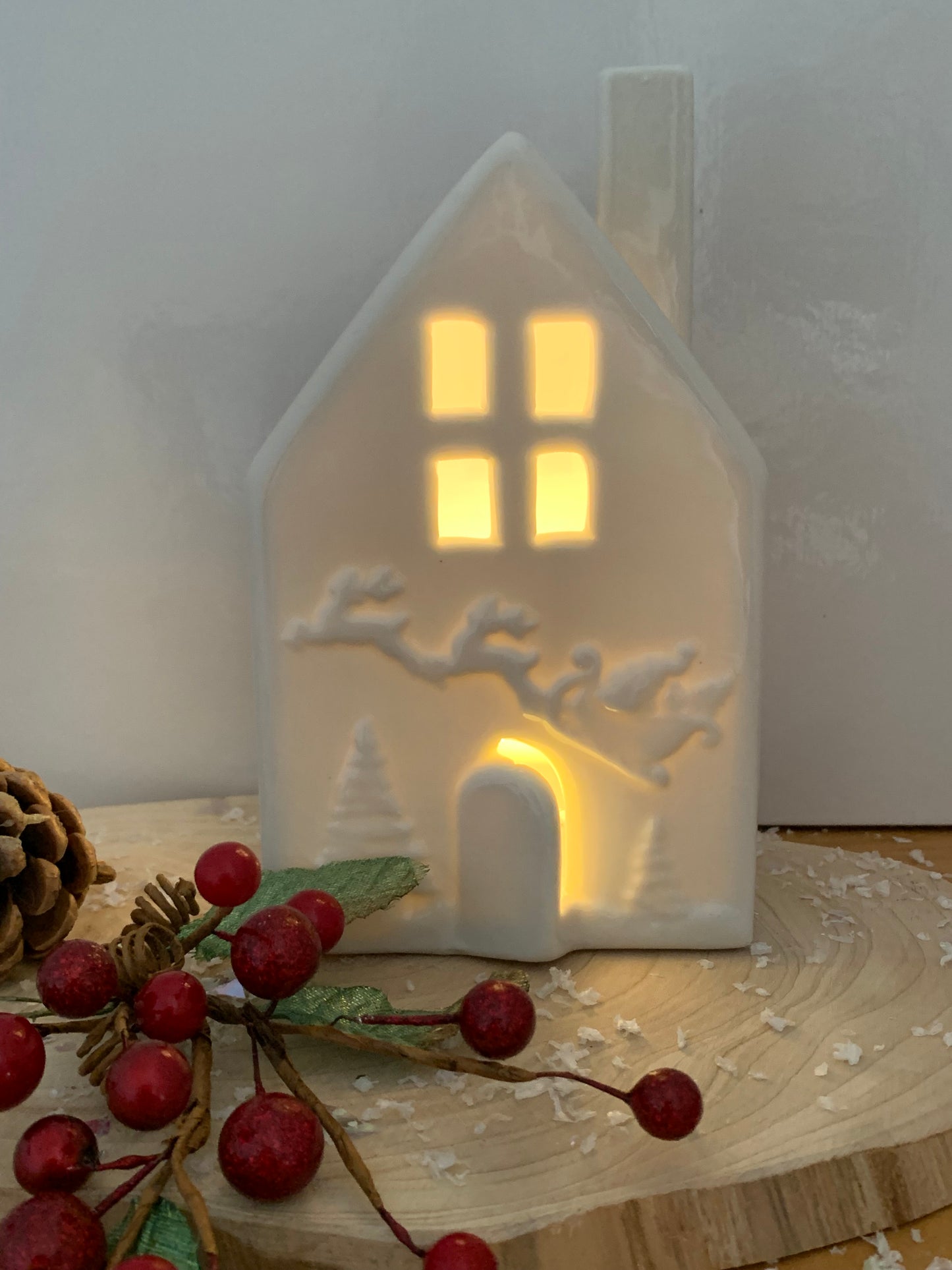 White Ceramic LED House with Santa & Sleigh - 2 sizes