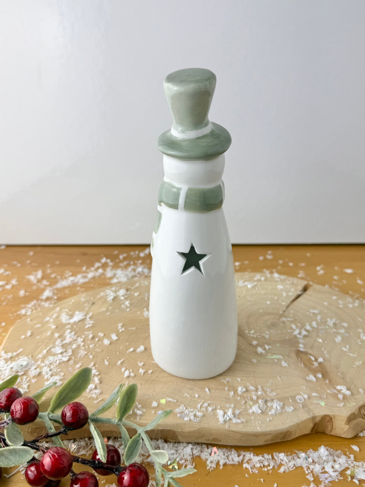 Light Up Green & White Ceramic Snowman - 2 sizes