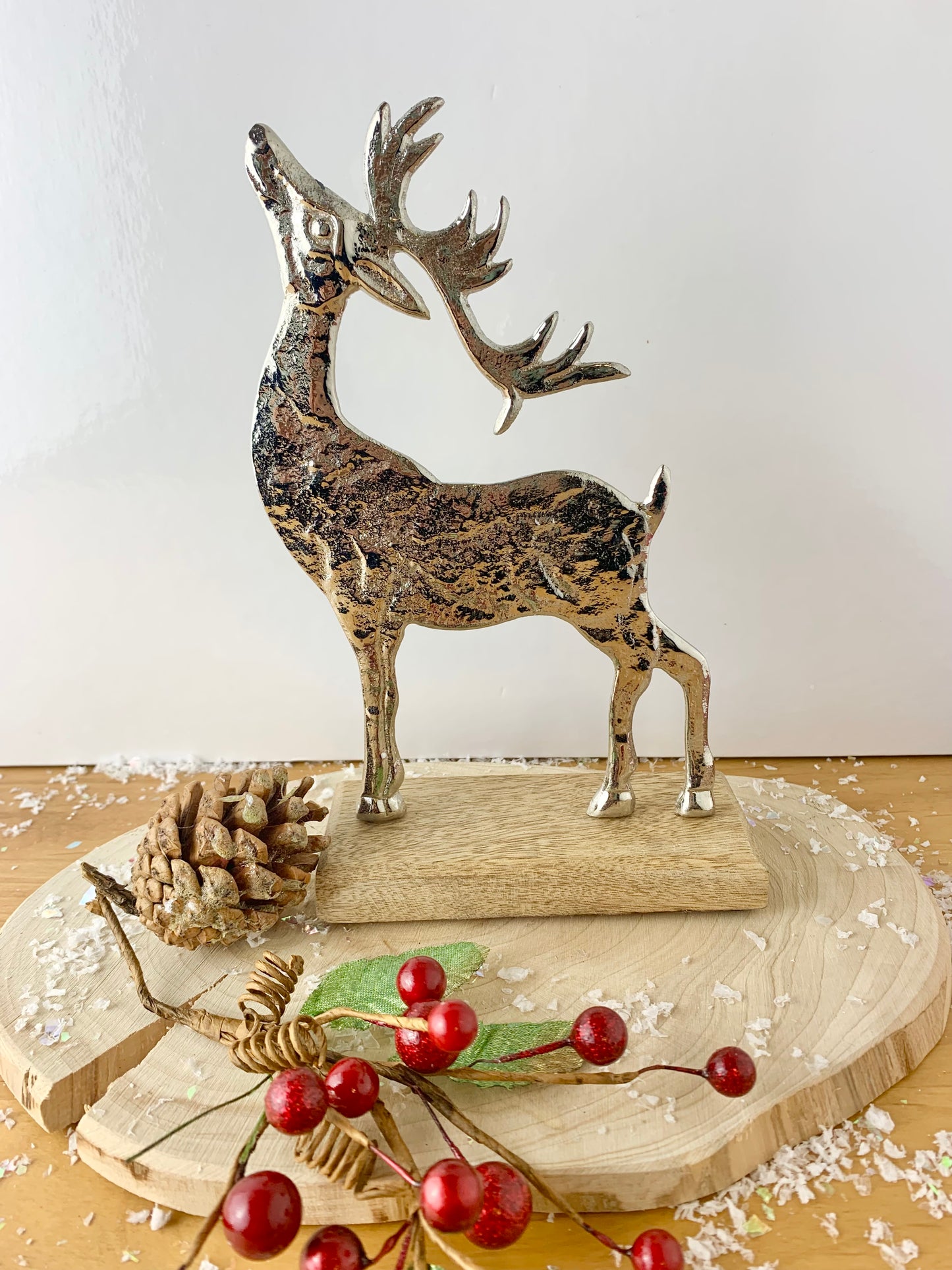 Silver Reindeer On Wooden Base - Large