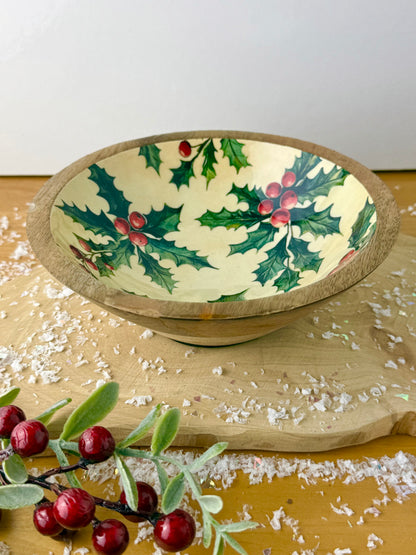 Wood & Enamel Holly Serving Bowl