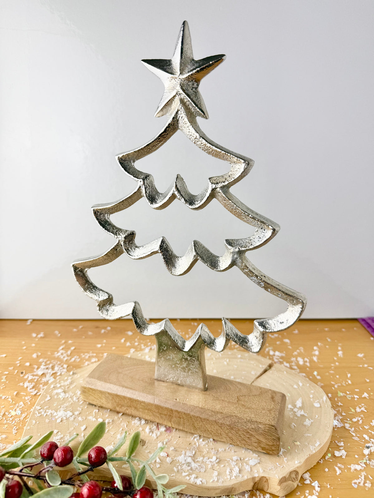 Wooden Base Silver Christmas Tree with Star - 2 Sizes