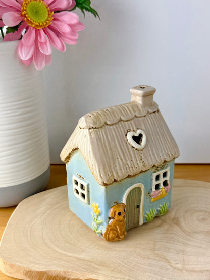Village Pottery Blue Garden Thatched Cottage Tea Light Holder