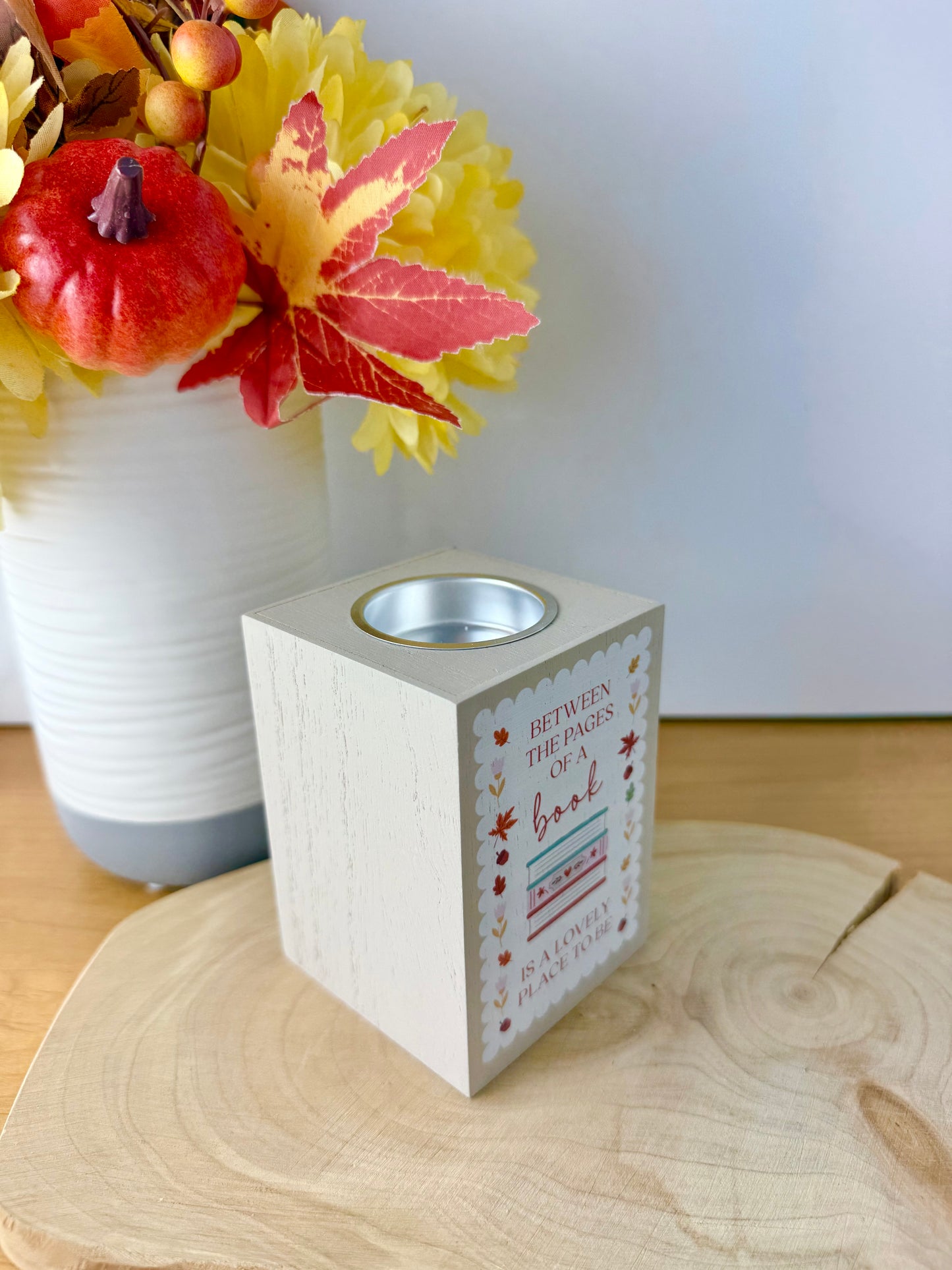 Cosy Chapter Wooden Tea Light Holder - Between the covers of a book is a lovely place to be