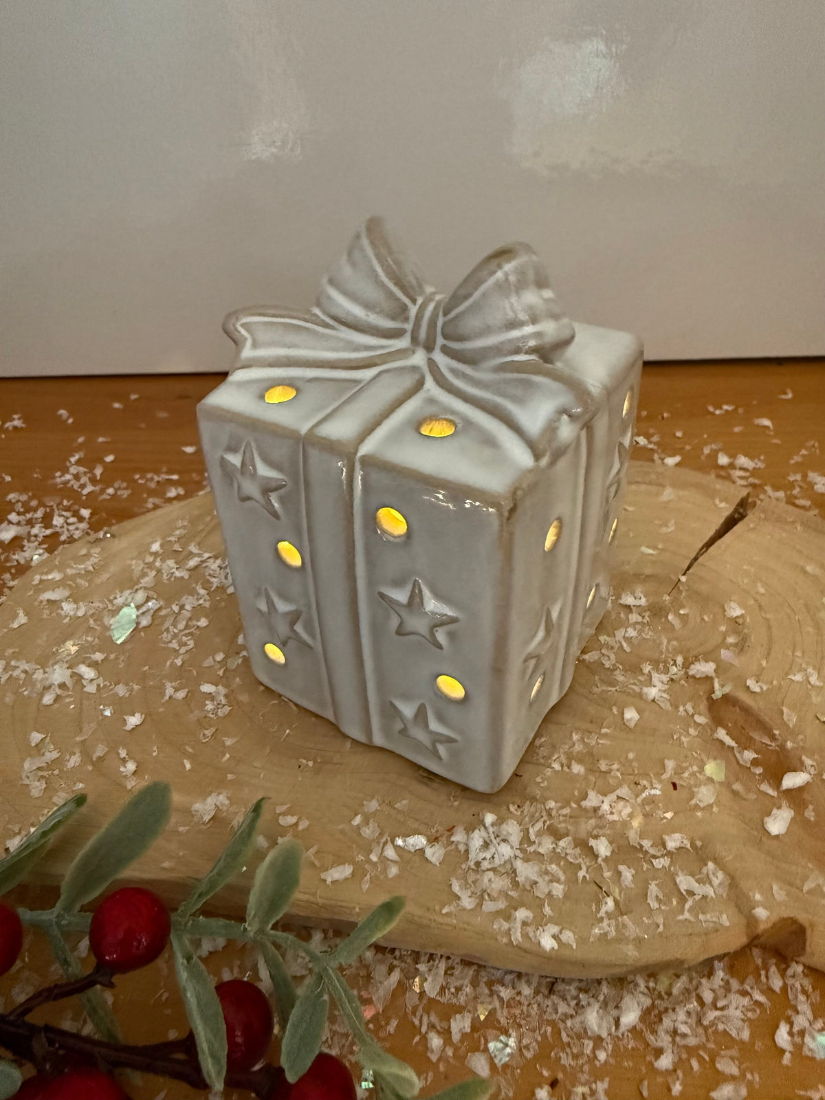 Light Up Ceramic Christmas Present with Bow - 2 Sizes