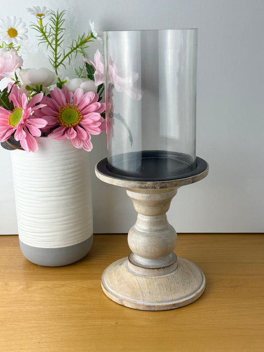 Glass & Natural Wood Pillar Candle Holder