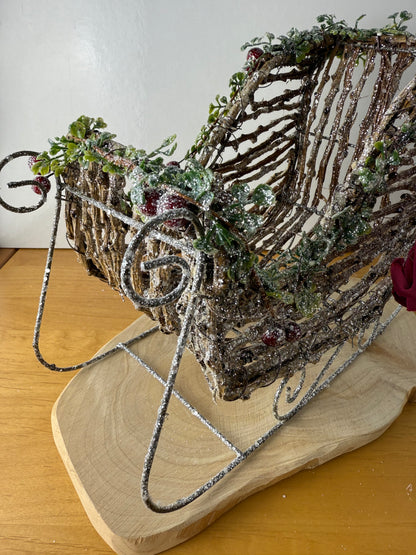 Wooden Christmas Sleigh with Red velvet bow