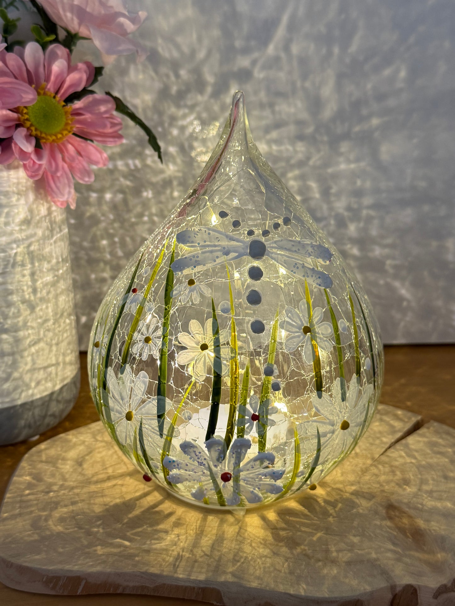 Blossom and Bloom hand painted Dragonfly glass teardrop with LED lights