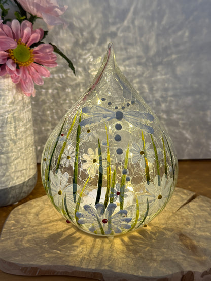 Blossom and Bloom hand painted Dragonfly glass teardrop with LED lights