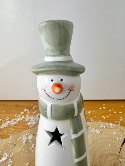 Light Up Green & White Ceramic Snowman - 2 sizes
