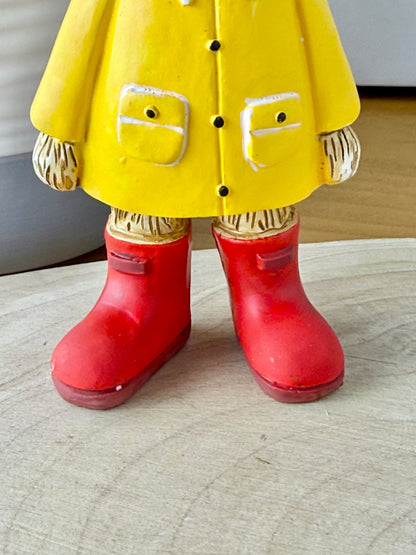 Jasper Rabbit dressed for the rain in a yellow raincoat & red wellies