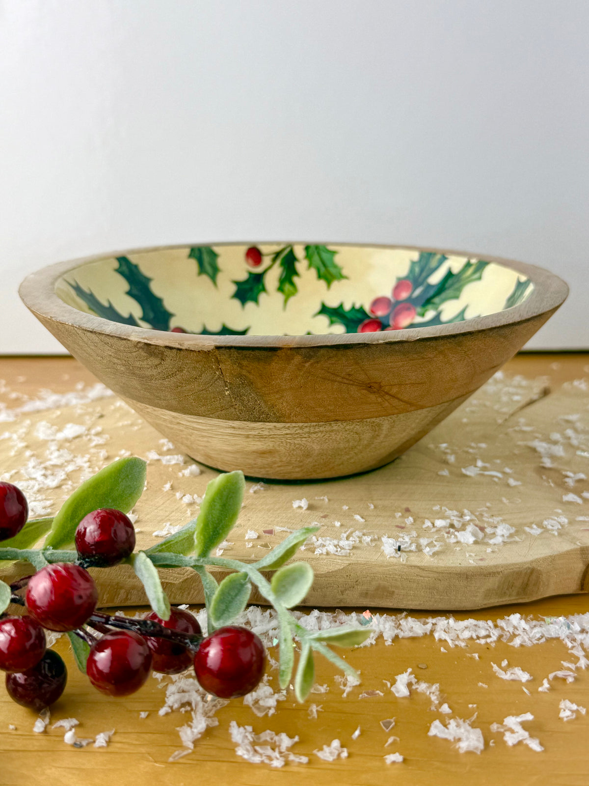Wood & Enamel Holly Serving Bowl