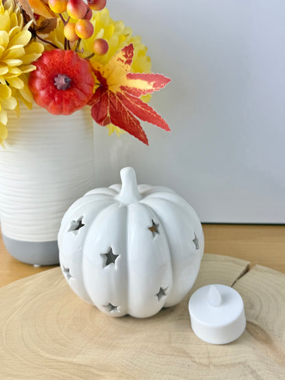 White Ceramic Pumpkin T-light Holder with cutout stars