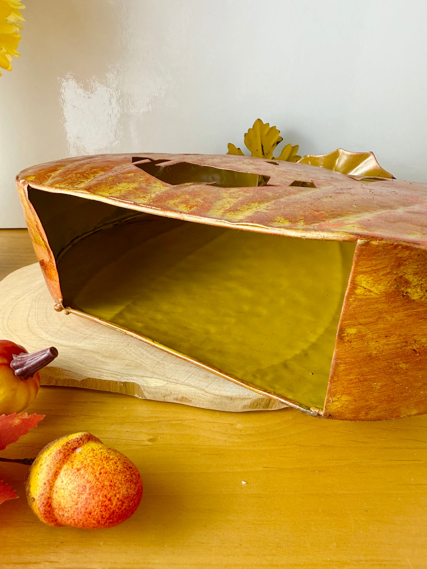Rustic Orange Metal Pumpkin decoration with decorative stalk