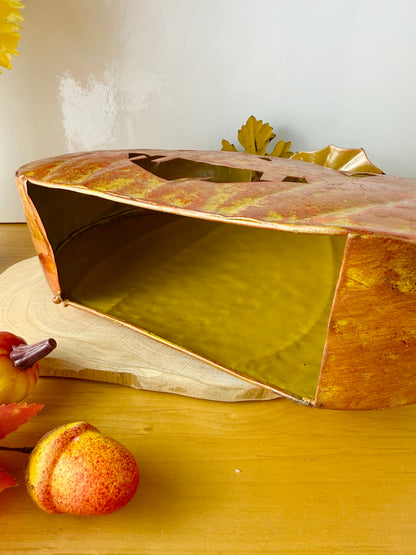 Rustic Orange Metal Pumpkin decoration with decorative stalk