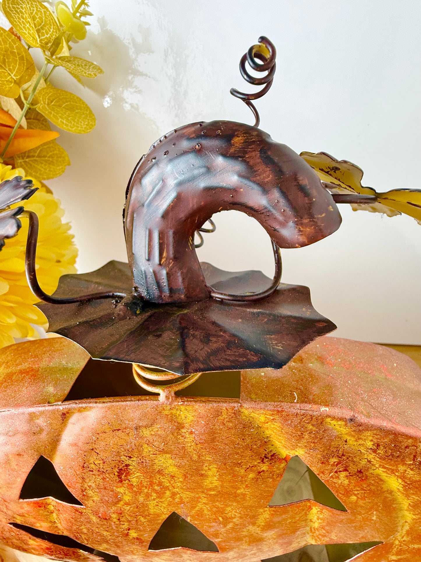 Rustic Orange Metal Pumpkin decoration with decorative stalk