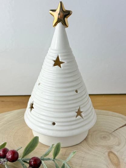 White & Gold Ceramic Light Up Christmas Tree
