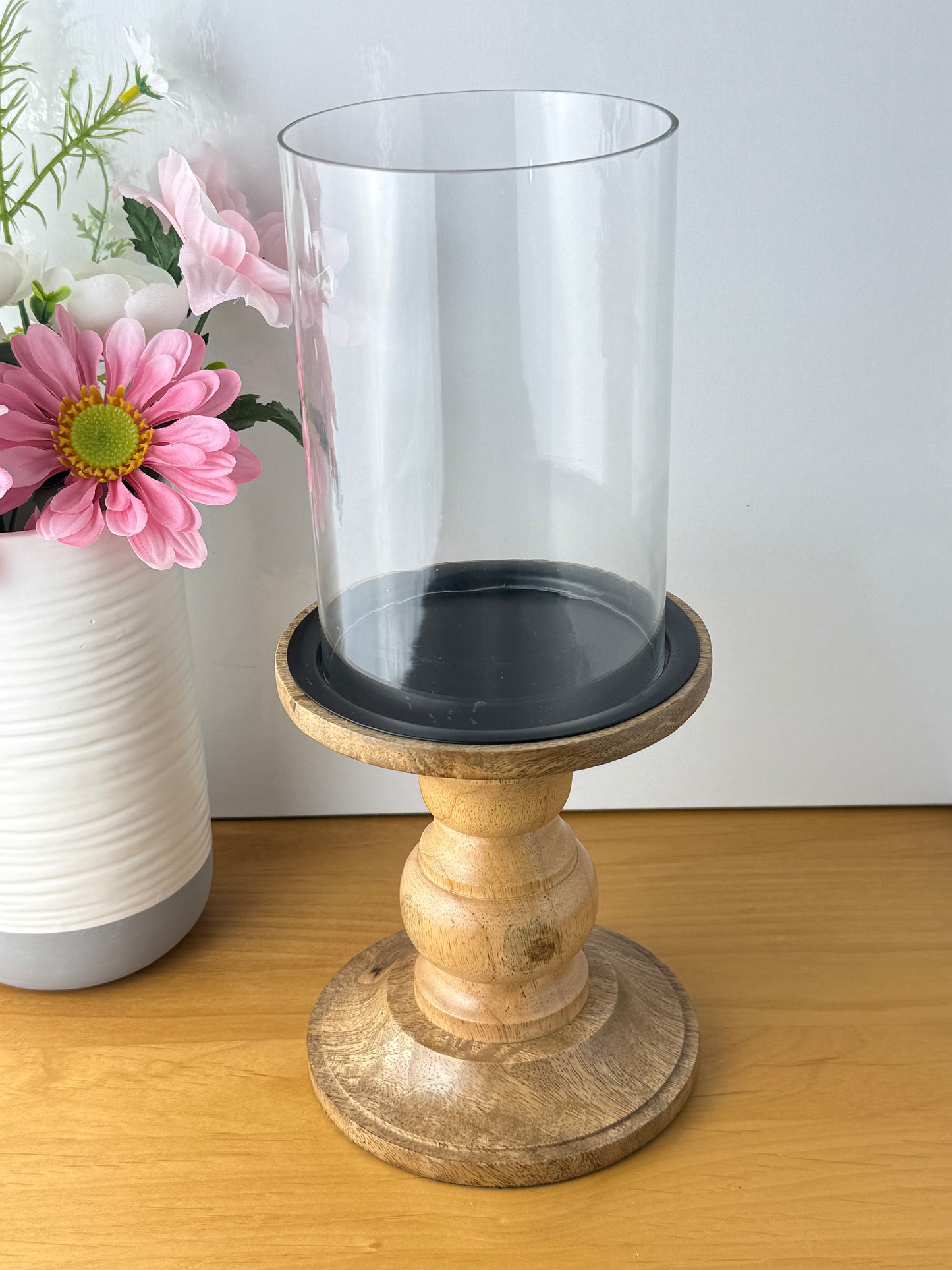 Glass & Wood Pillar Candle Holder