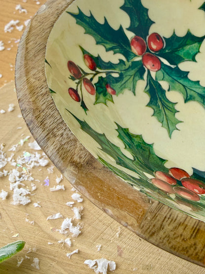 Wood & Enamel Holly Serving Bowl