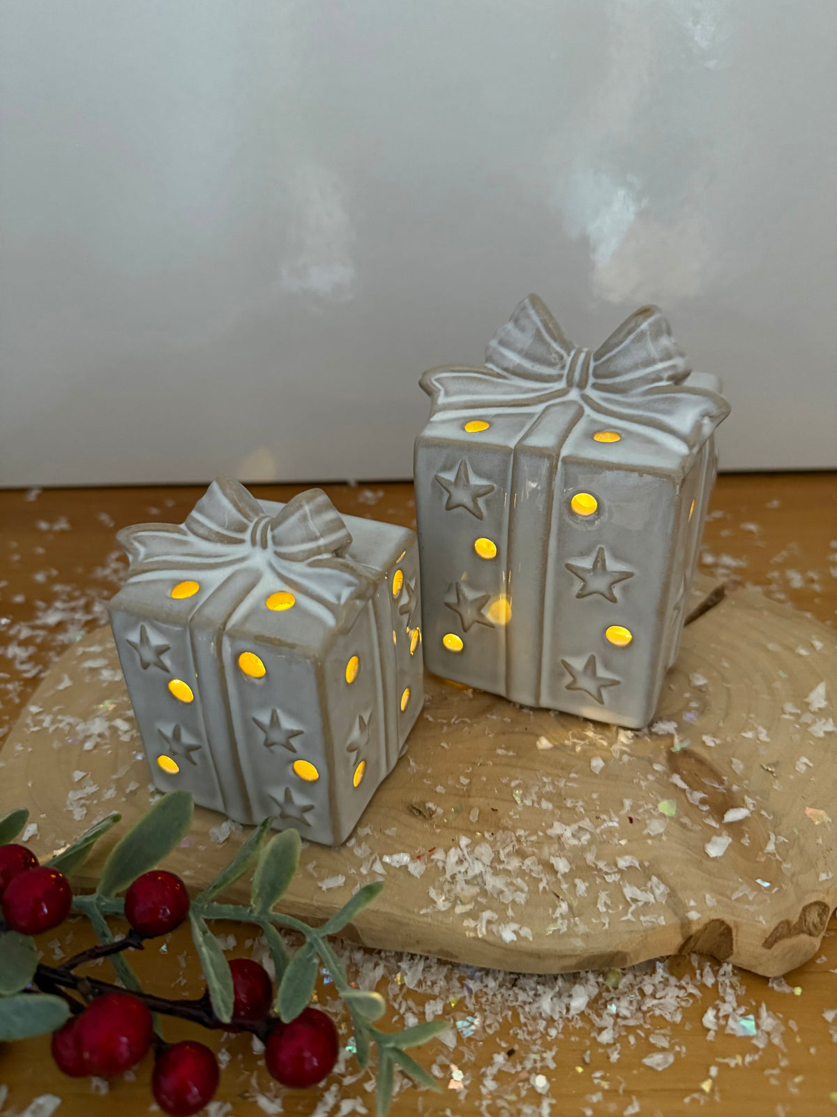 Light Up Ceramic Christmas Present with Bow - 2 Sizes