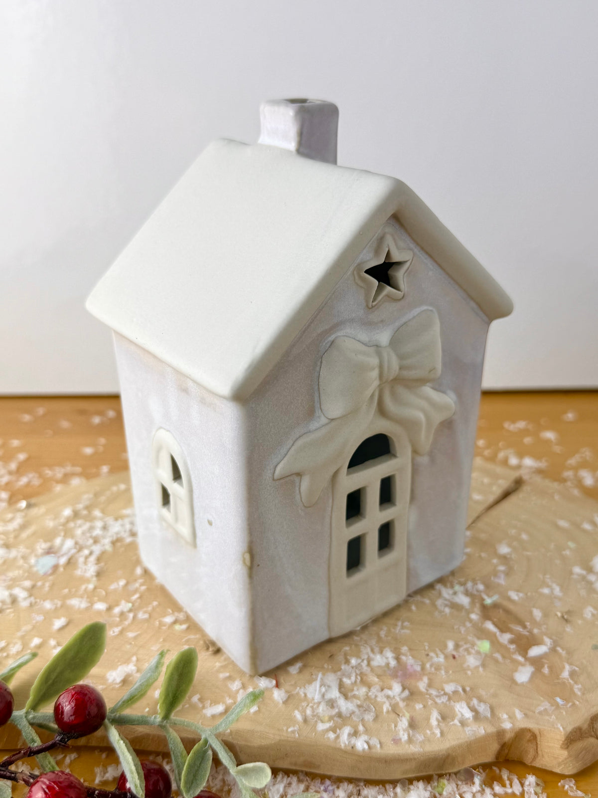 Light Up Natural Bow Ceramic House - 2 Sizes