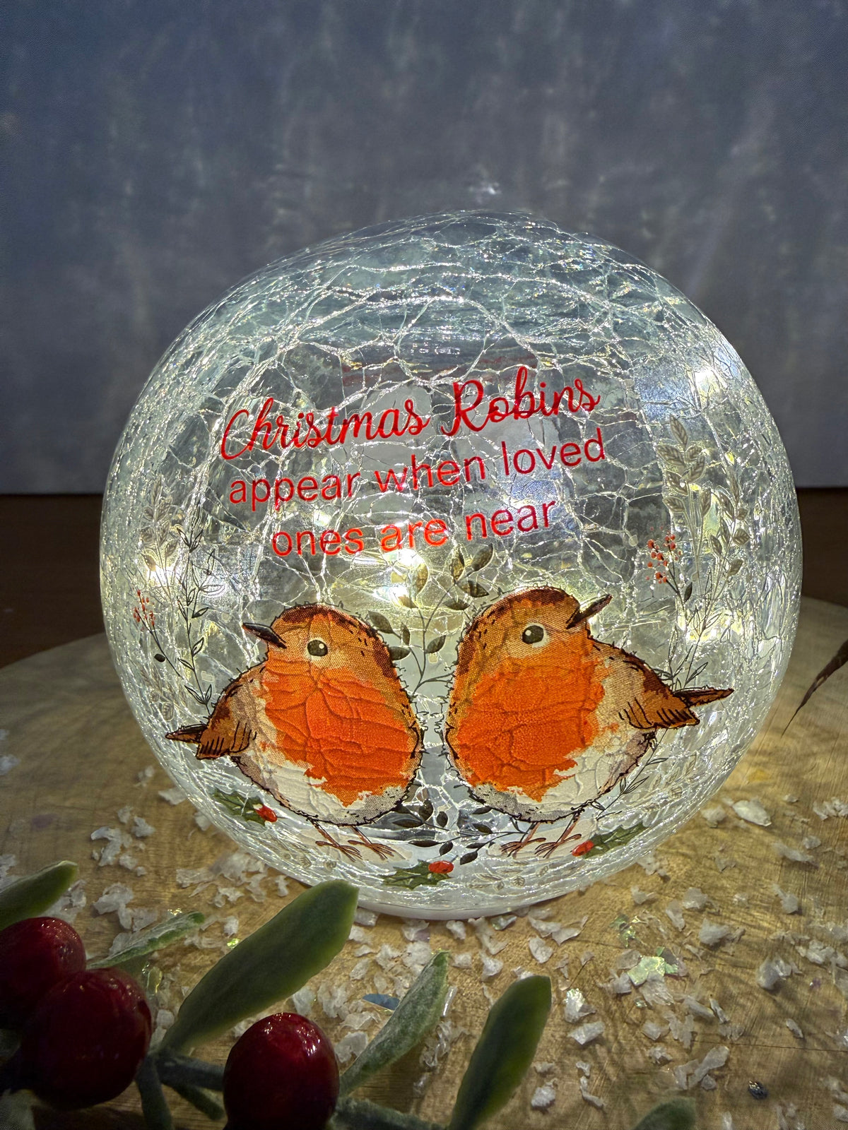 Winter Robins Light Up Crackled Ball - Christmas Robins