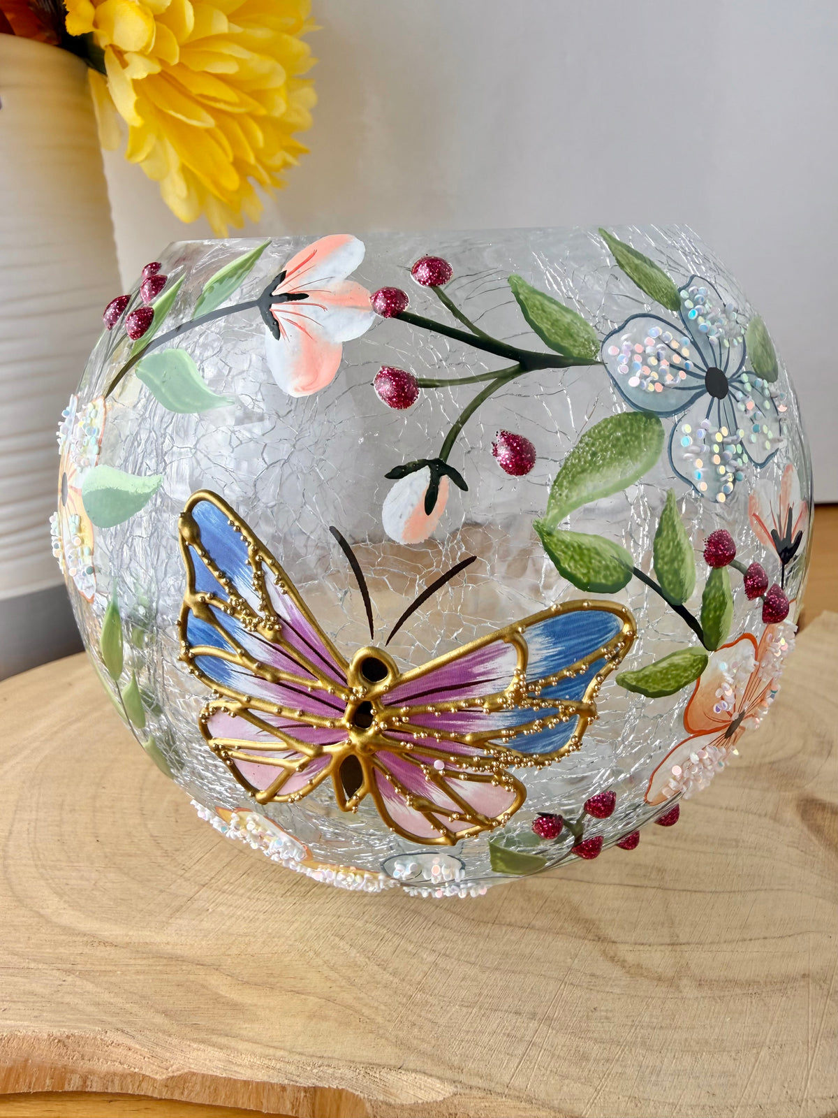 Pretty Butterfly Crackled glass Tealight Bowl