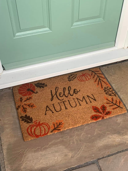 Hello Autumn with leaves & pumpkins Door Mat