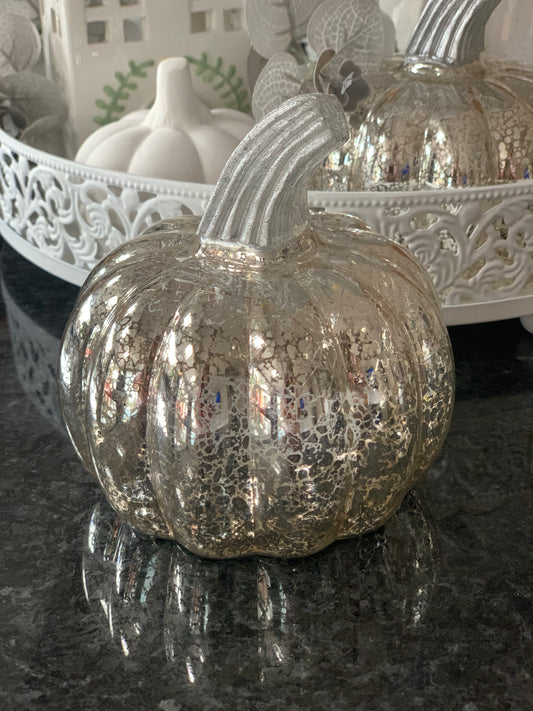 Silver LED Glass Pumpkin Lantern -Small