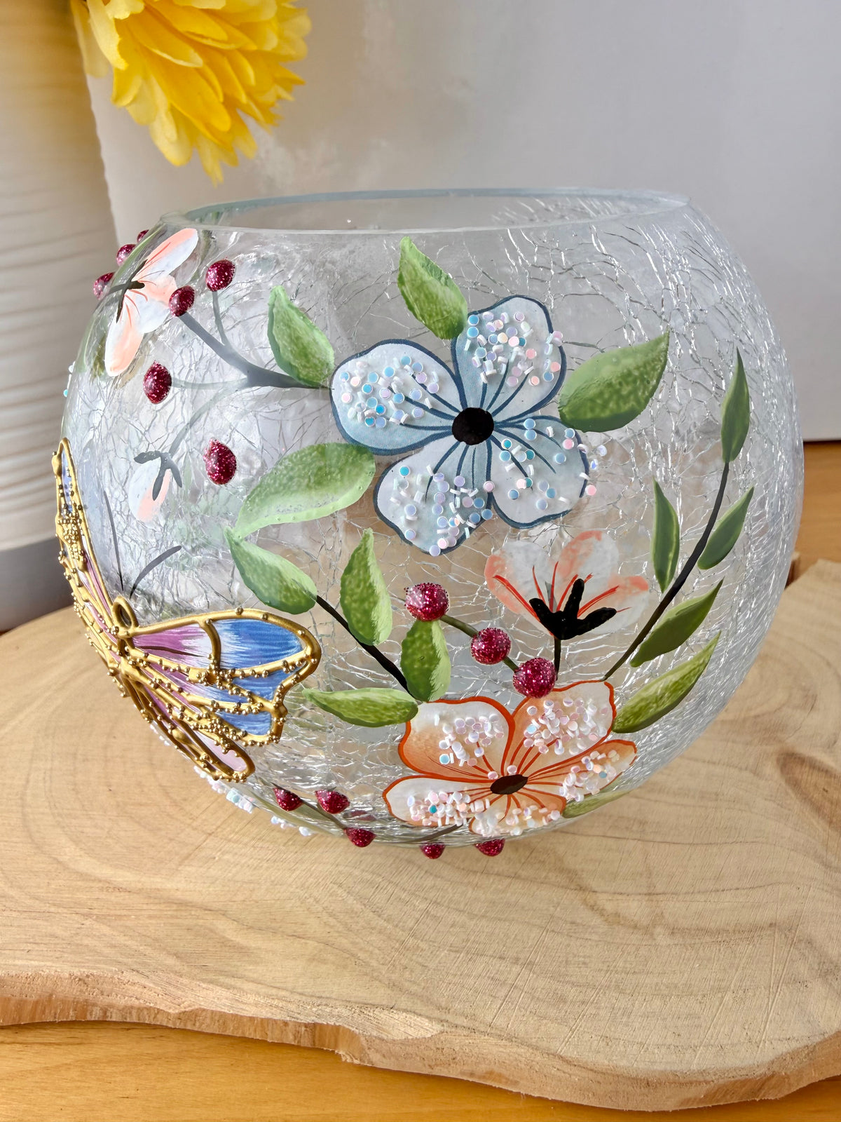Pretty Butterfly Crackled glass Tealight Bowl
