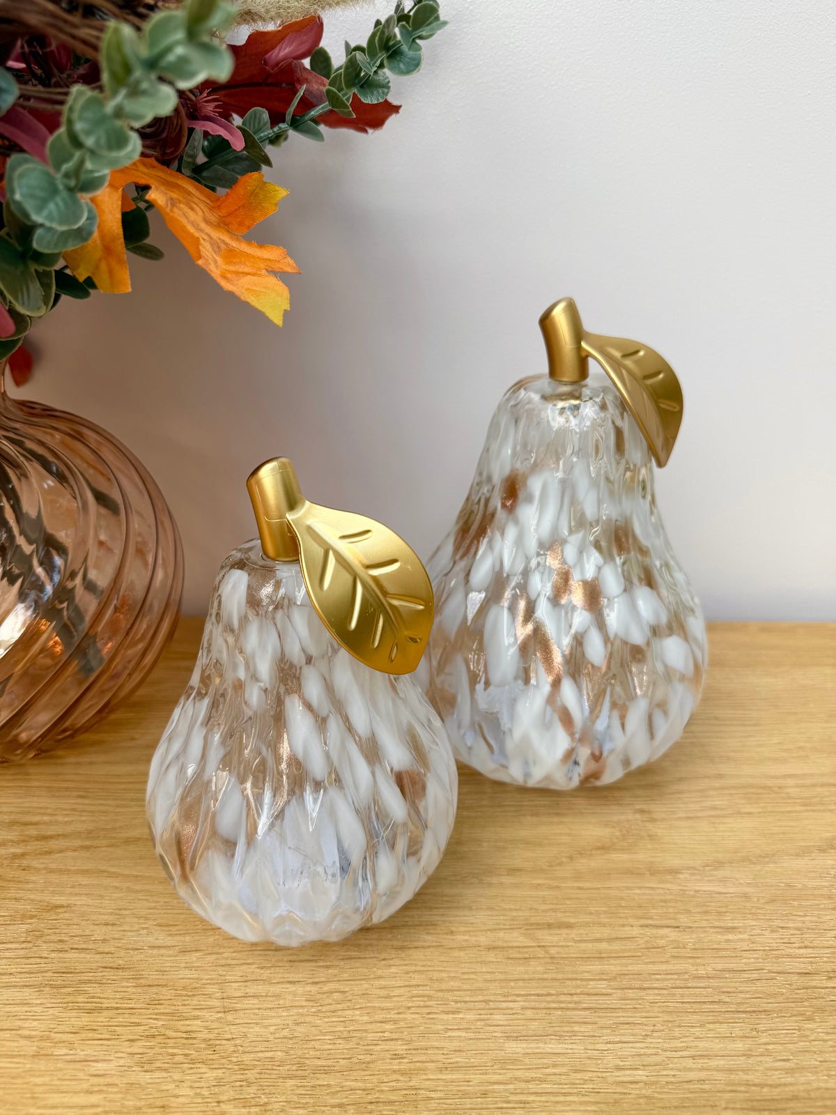 Diamond Cut Light Up Pear - Mottled Amber with gold leaf - 2 Sizes